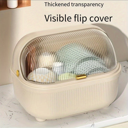 The Large Capacity Kitchen Storage Box is a covered plastic dish rack designed to keep dishes and utensils organized and protected from dust and insects. This drainer organizer container requires no electricity, making it a convenient and efficient