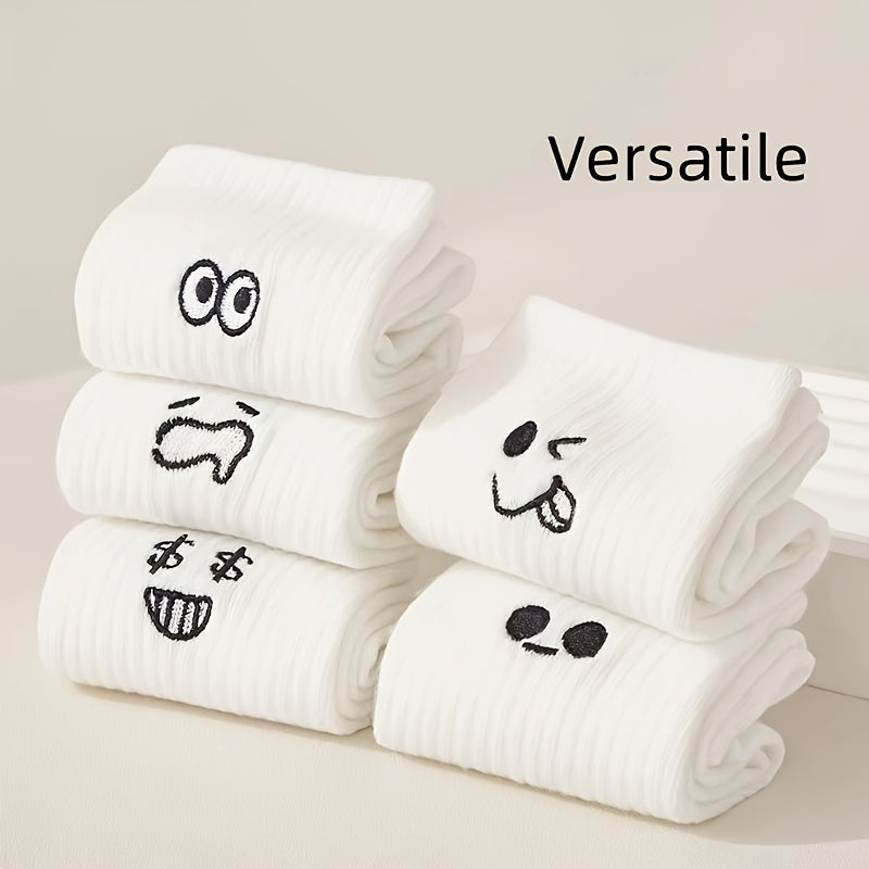 5 pairs of ribbed socks with funny face prints, soft and comfortable for both men and women.