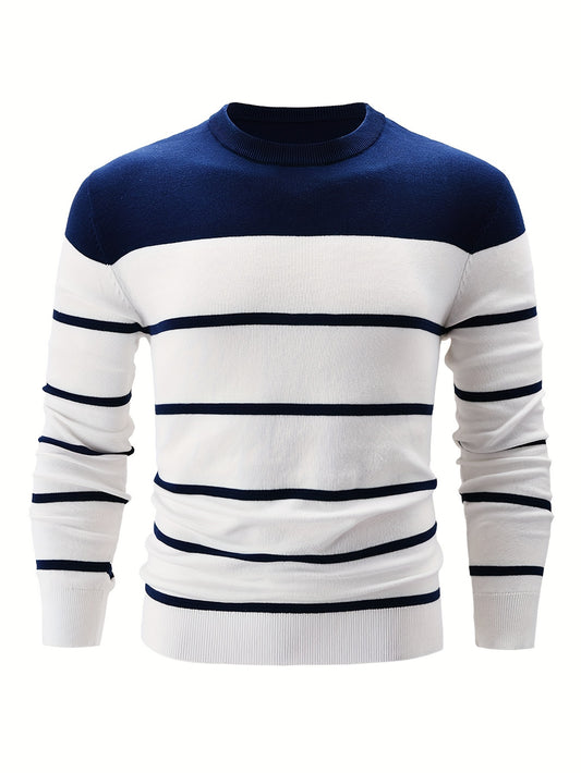 Men's striped crew neck sweater made of 100% cotton knit for casual fall/winter wear.