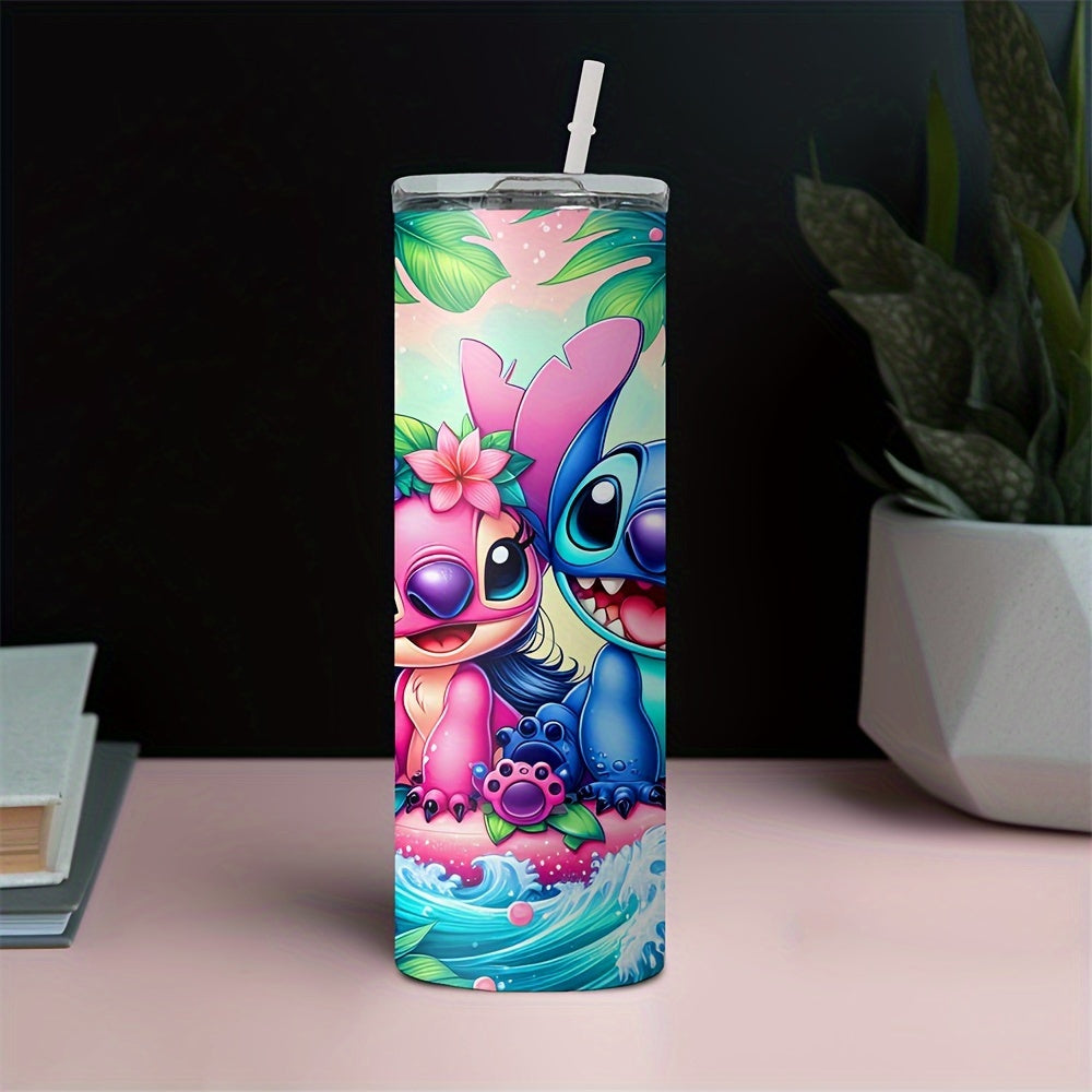 20oz Disney stainless steel cup with Stitch and Angel characters, wave print design. Ideal for hot or cold beverages. Great gift for Christmas or Valentine's Day.