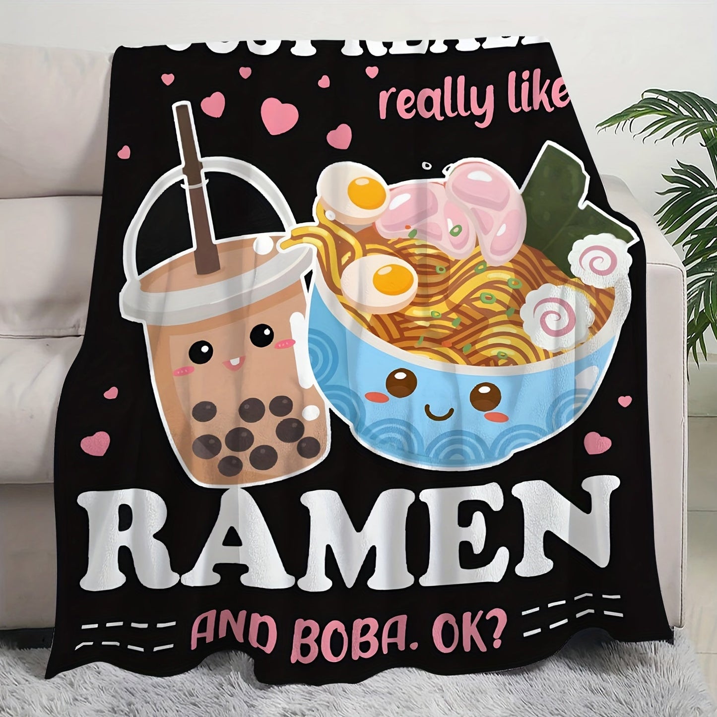 One Ramen and Boba themed blanket perfect for staying cozy in any setting. Use it as a throw blanket, air conditioning blanket, gift blanket, or nap blanket for your couch, sofa, office, bed, camping, or travel. This multi-purpose blanket is suitable for