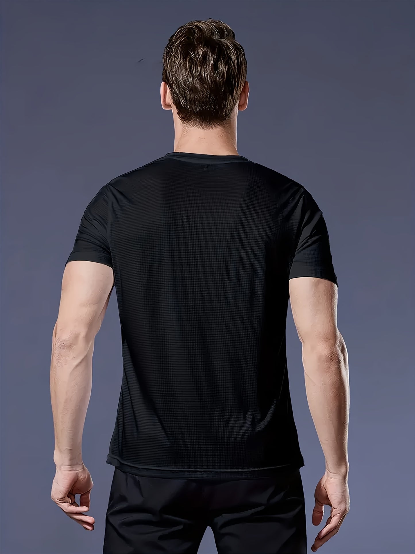 Men's 5-pack athletic T-shirts made of quick-dry, breathable, moisture-wicking polyester. Lightweight and comfortable for gym, running, and workouts. Solid color with regular fit, suitable