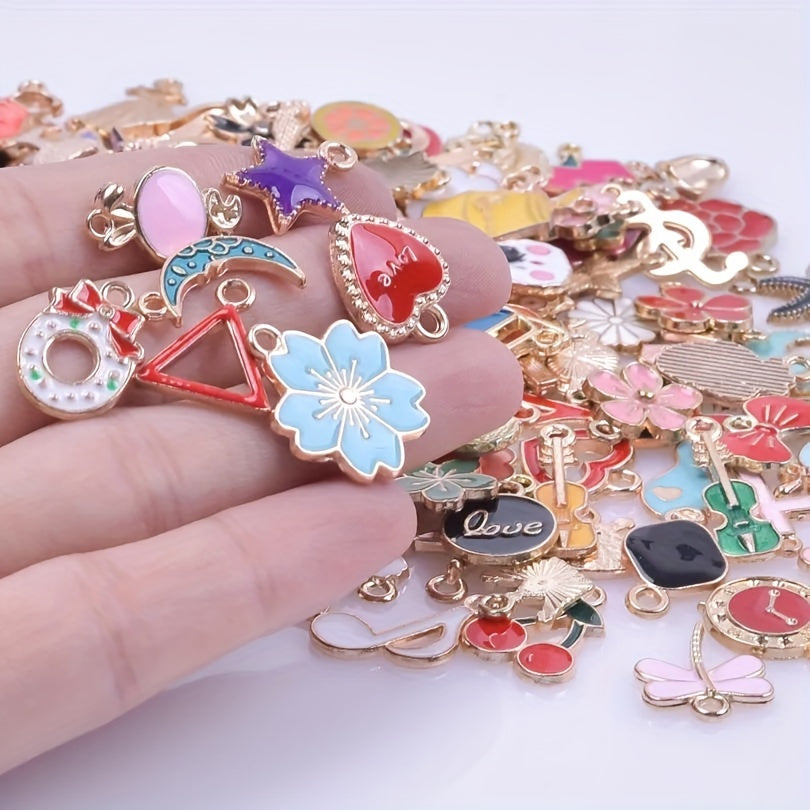 Assorted packs of cute floating charms available in quantities of 30, 50, or 100. Perfect for crafting jewelry or DIY lockets, with a variety of flowers and heart charms included.