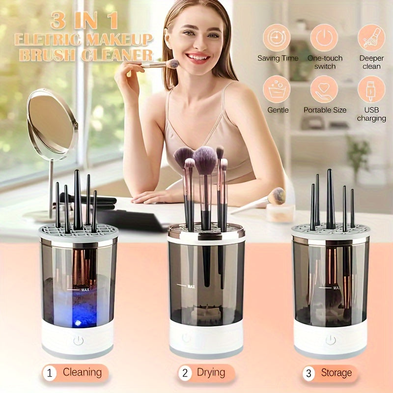 Electric makeup brush cleaner and dryer machine with USB power and universal silicone cap for all brushes, providing fast cleaning and drying for home use.