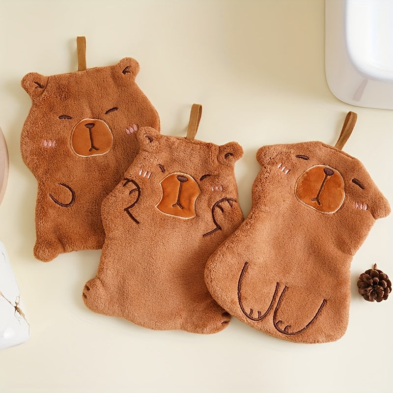 Cartoon Capybara Hand Towels: Soft, Quick-Drying Coral Fleece for Kitchen and Bathroom, Hangable.