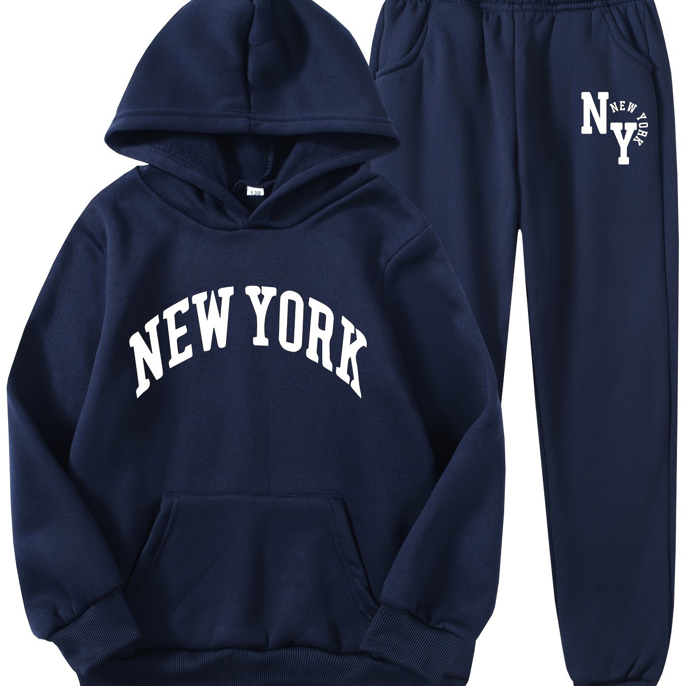 New York letter print hoodie and sweatpants set for kids. Made of casual polyester knit fabric with pockets. Slight stretch and regular fit for boys, girls, teens, and children. Ideal for