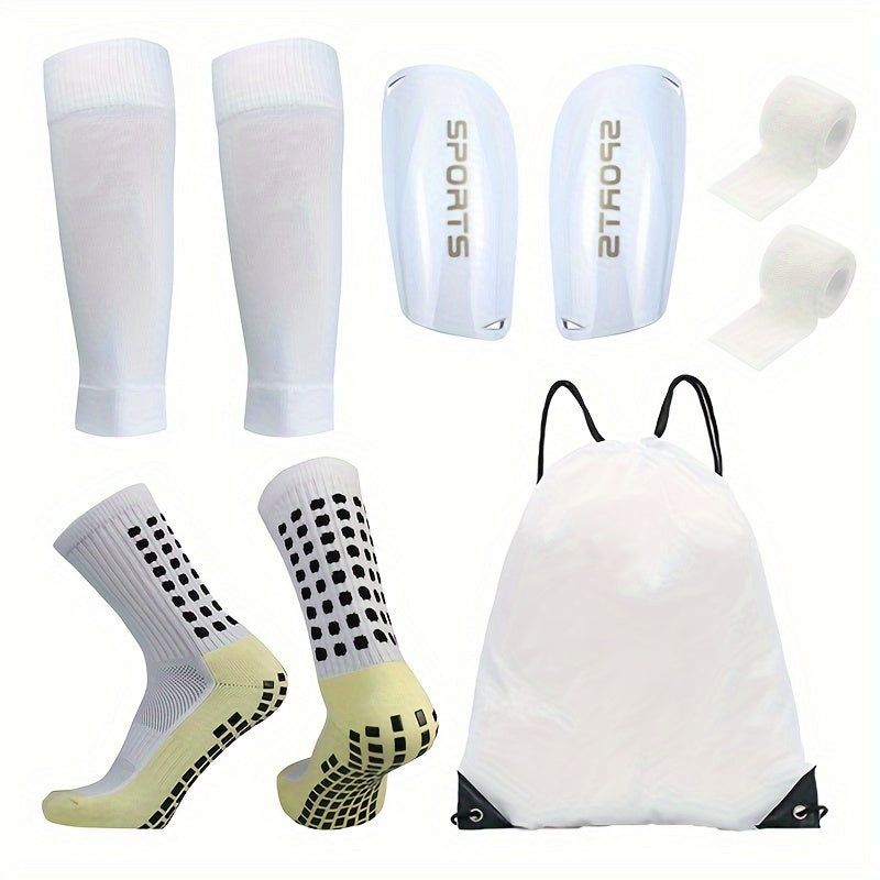 5-piece soccer sports gear set includes silicone grip football socks, shin guards, protective gear, drawstring backpack, and sports tapes. The set features polyester and elastane knitted