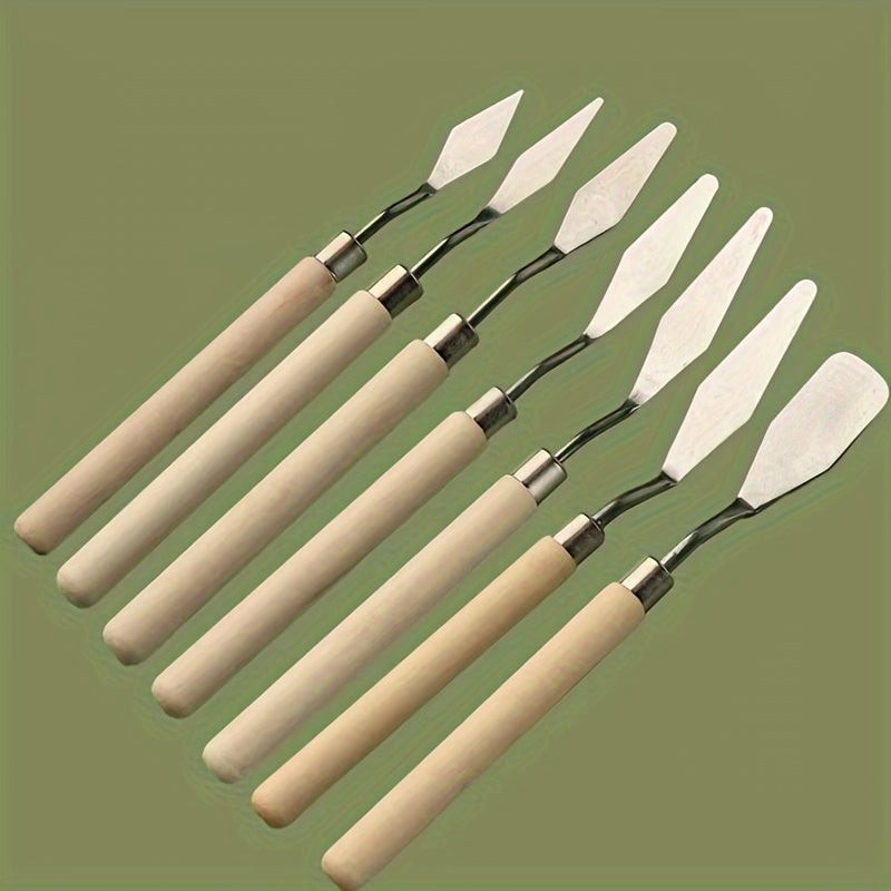 Set of stainless steel palette knives for oil painting, available in various sizes and shapes.