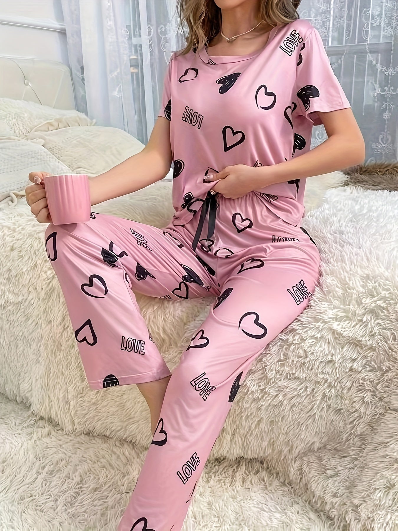 Valentine's Day Pajama Set: Heart & Letter Print, Short Sleeve Top & Elastic Pants, Women's Sleepwear & Loungewear.