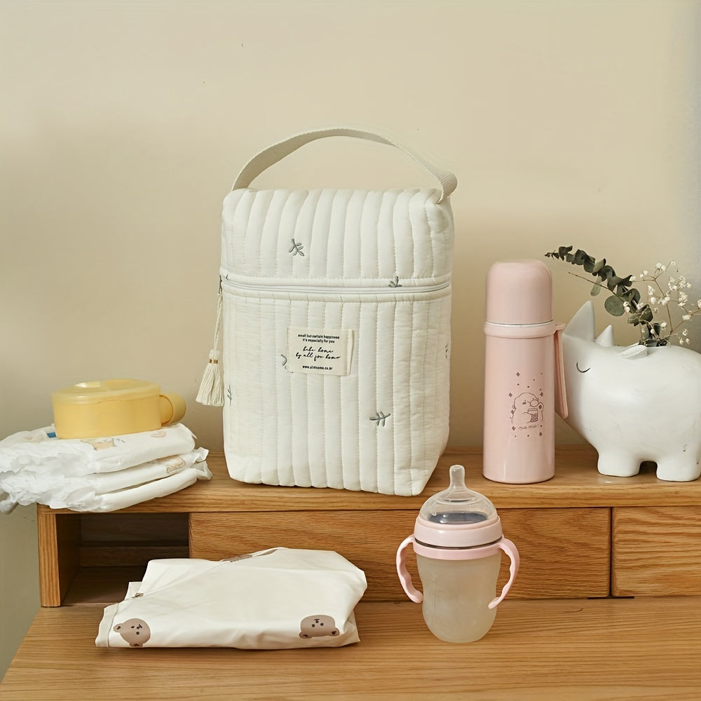 Diaper wipes bag made of cotton with high-end embroidery. Can be used as a feeding bottle diaper storage bag, baby stroller hanging bag, mother storage bag, or handbag with zipper closure.