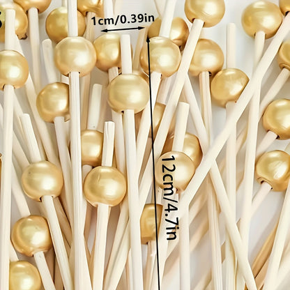 50/30 Bamboo Cocktail Picks with Golden Pearls - Elegant Skewers for Fruit, Cake, Snacks, and Appetizers - Ideal for Parties and Events