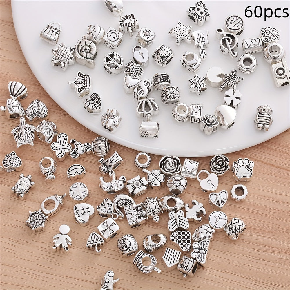 Set of 60 Fashion Metal Beads for Creating DIY Jewelry - Large Hole Design for Versatile Use in Necklace, Bracelet, Keychain, and Phone Charm Making - Timeless Styles Ideal for Crafting and Treasured Keepsakes