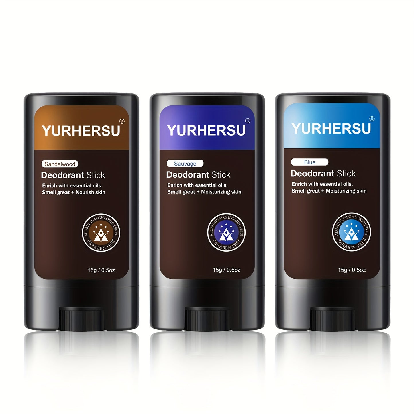 YURHERSU Men's 48-Hour Odor Gentle Sticks in Orange, Mint, and Green Tea scents for long-lasting freshness on-the-go.