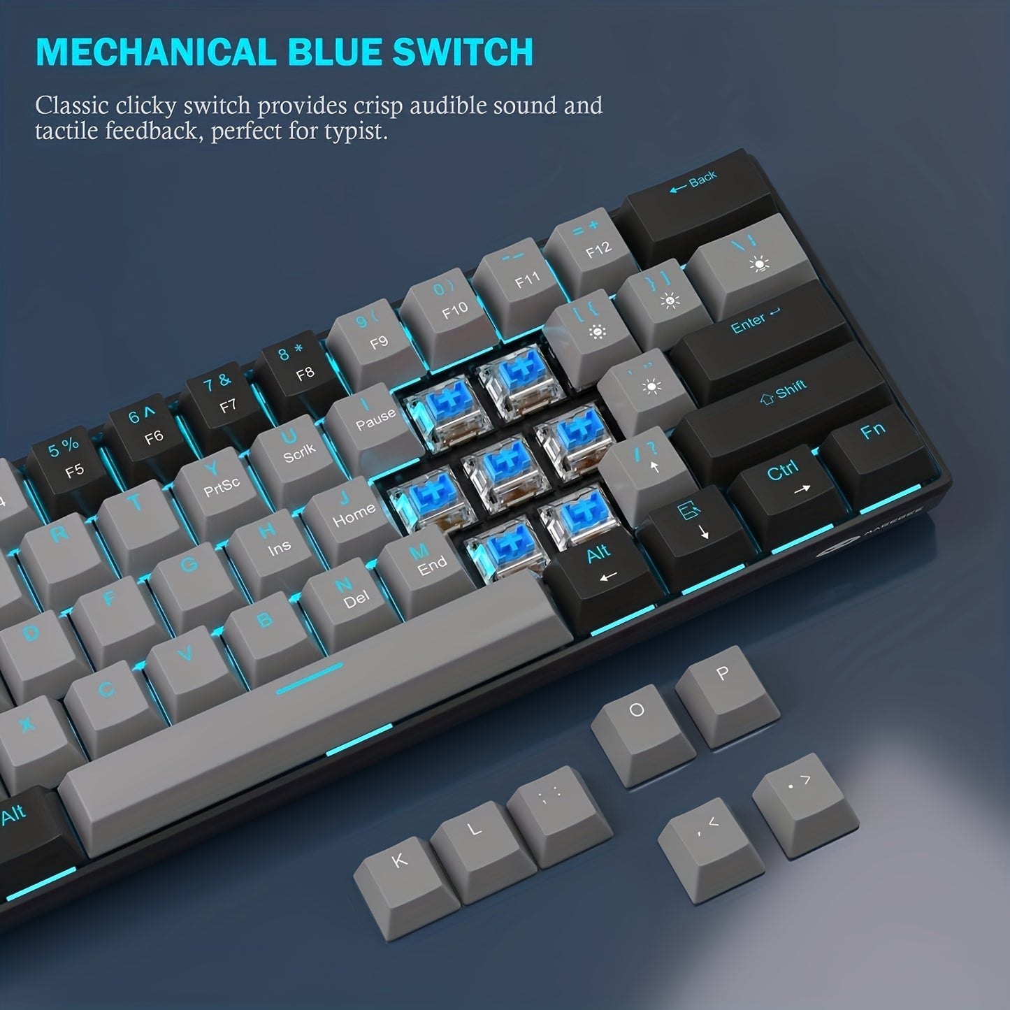 MageGee Ergonomic 60% Mechanical Gaming Keyboard with Blue Switches, Sea Blue Backlit, Compact and Portable for Gamers, USB Powered.