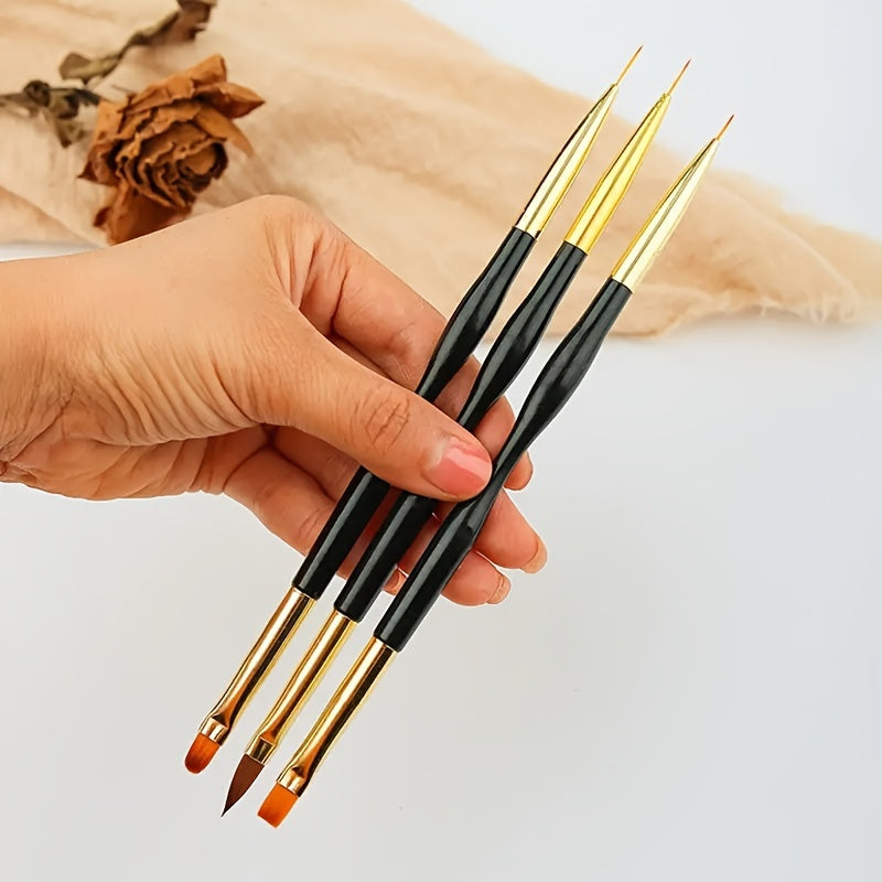 Set of 3 double-ended nail art brushes for precision design, painting, and decorating acrylic nails.