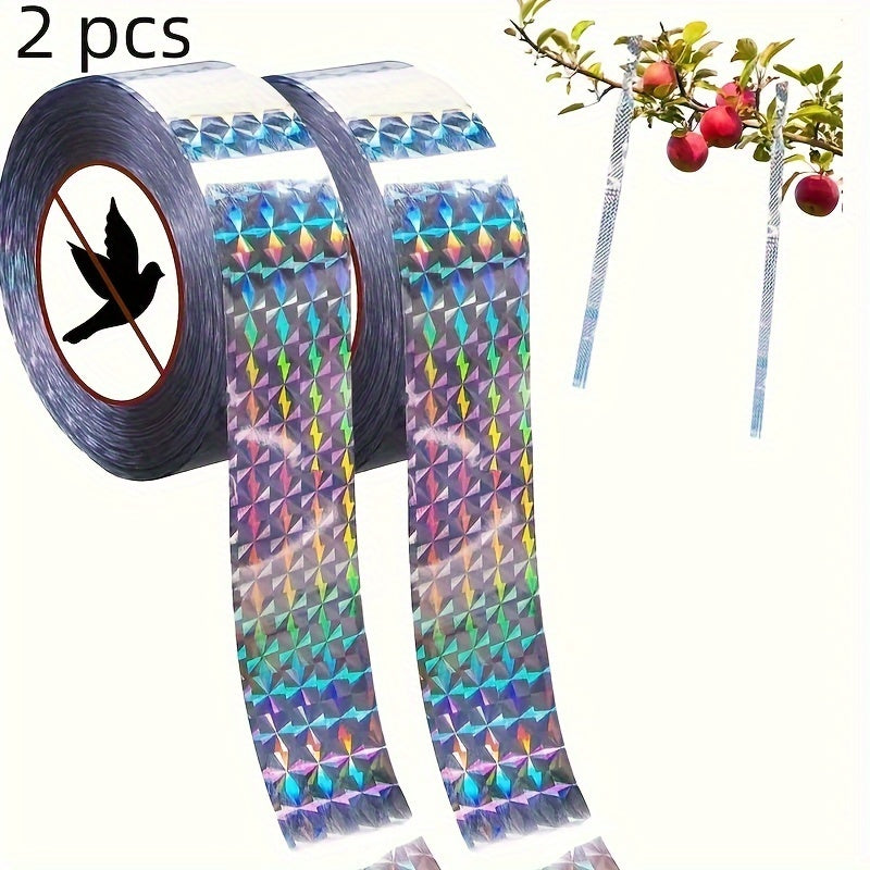 Pair of 50.0 meter reflective ribbons with bird repellent properties, ideal for orchards and gardens as a safe outdoor bird deterrent.