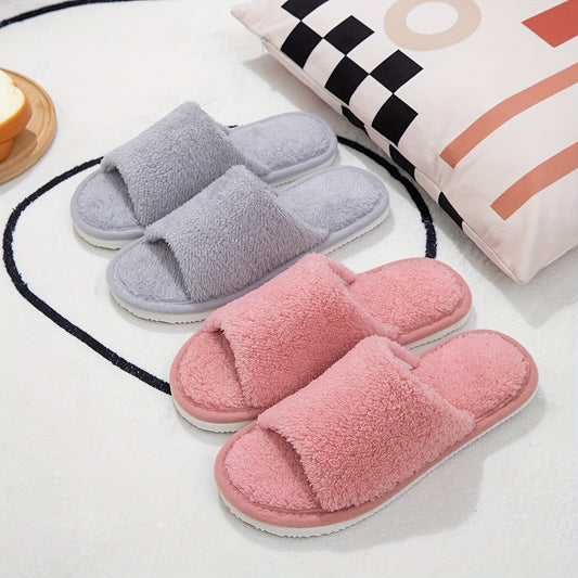 Basic solid color slippers with plush open toe design for indoor comfort.