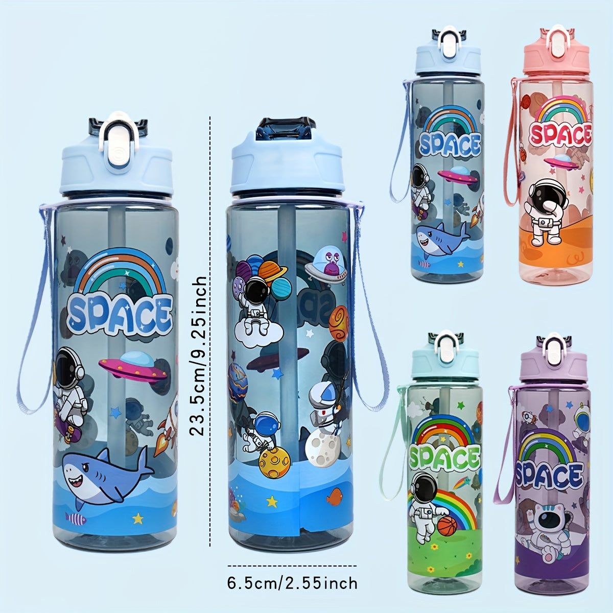 Durable 21oz astronaut water bottle with straw, BPA-free plastic. Ideal for outdoor activities and school with space-themed design.