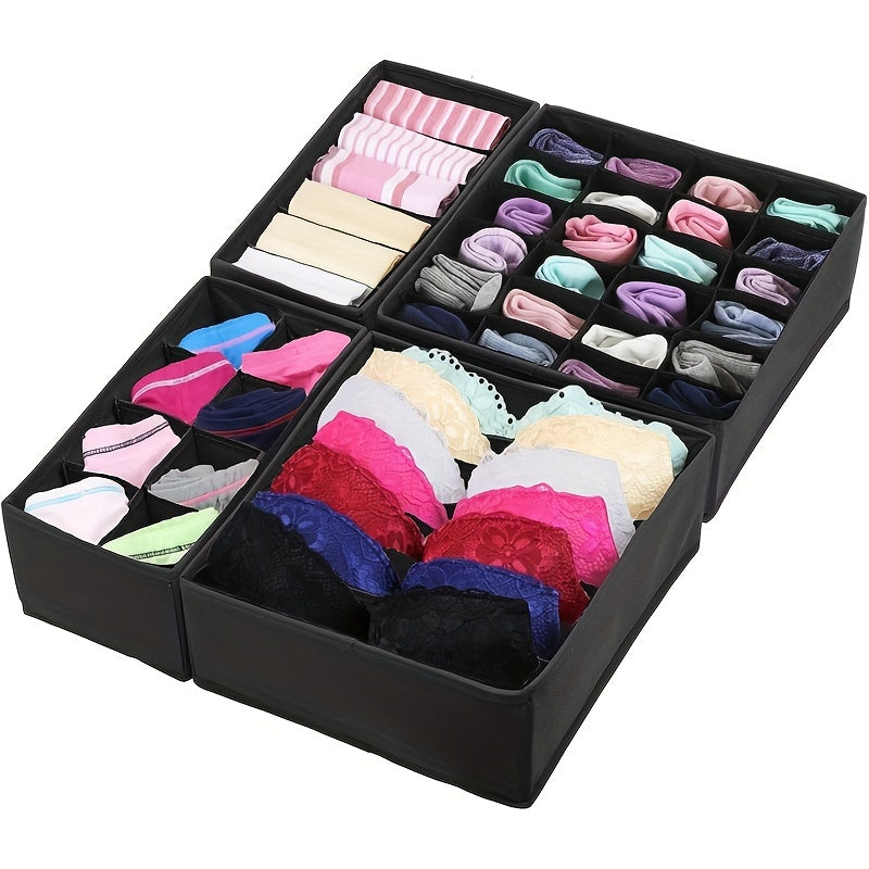 Set of 4 foldable storage boxes for organizing socks, bras, underwear, ties, belts, and scarves in closet drawers.