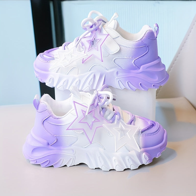 Trendy chunky sneakers for girls in pink and white gradient with star pattern, soft sole, perfect for school, sports, and outdoor play.