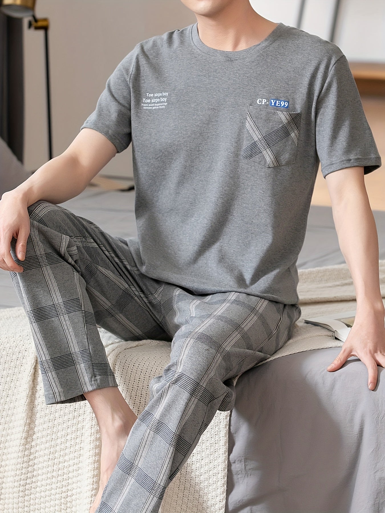 Men's summer pajamas made of pure cotton with short sleeves and long pants, lightweight and available in plus sizes for young adults.