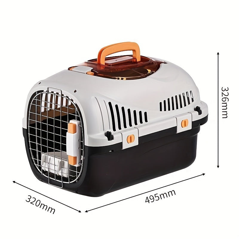 Portable cat carrier box made of PP material with breathable design, safety buckle door, all-season pet travel case, easy access/feeding, panoramic skylight, for home & outdoor use.