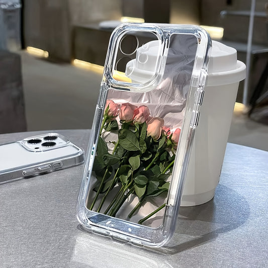 Rose transparent mobile phone case suitable for iPhone models from 11 to 16, including Pro Max, XR, XS, X, 7, 8 Plus, SE2, and SE3.