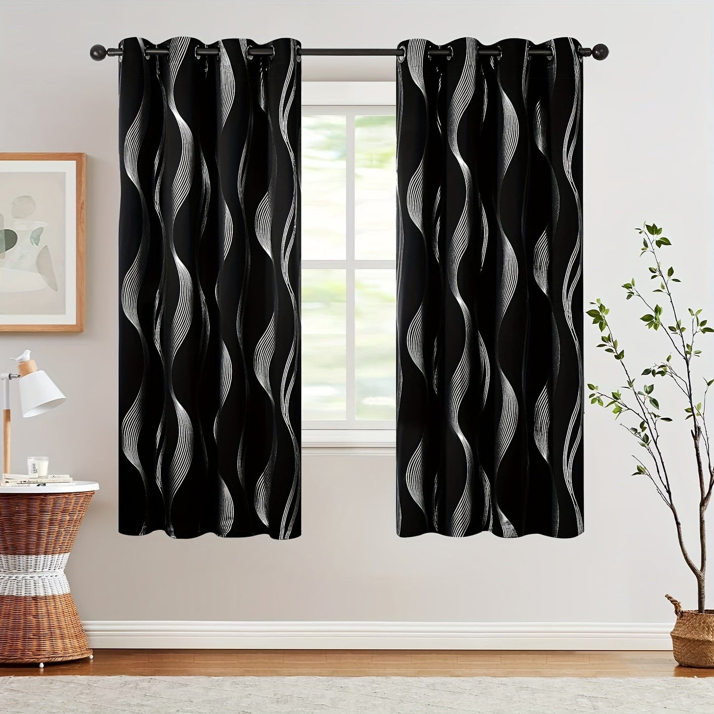 Two pieces of contemporary blackout curtains made from high-quality woven polyester, featuring a grommet top design for easy hanging. These room darkening drapes are machine washable and showcase a fantasy stripe pattern with eyelet detailing. Suitable