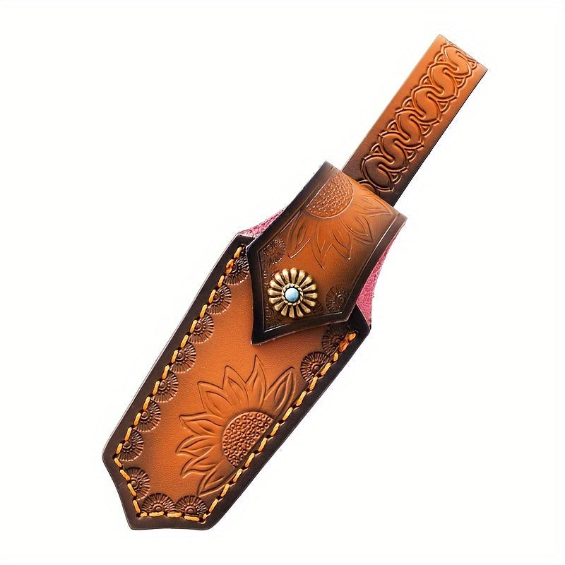 Leather Sheath for Damascus Folding Knife, Beautiful Sunflower Print Design with Convenient Carrying Rope for Easy Transportation