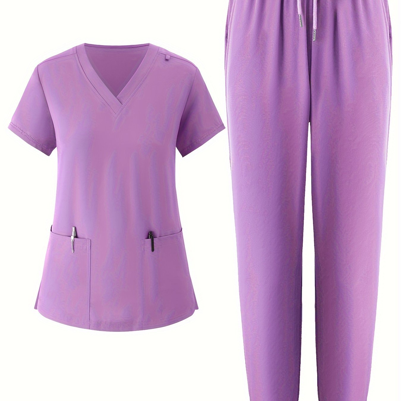 Women's V-Neck Scrub Set, 95% Polyester, 5% Elastane, Solid Color, Breathable with Pockets, All-Season Workwear