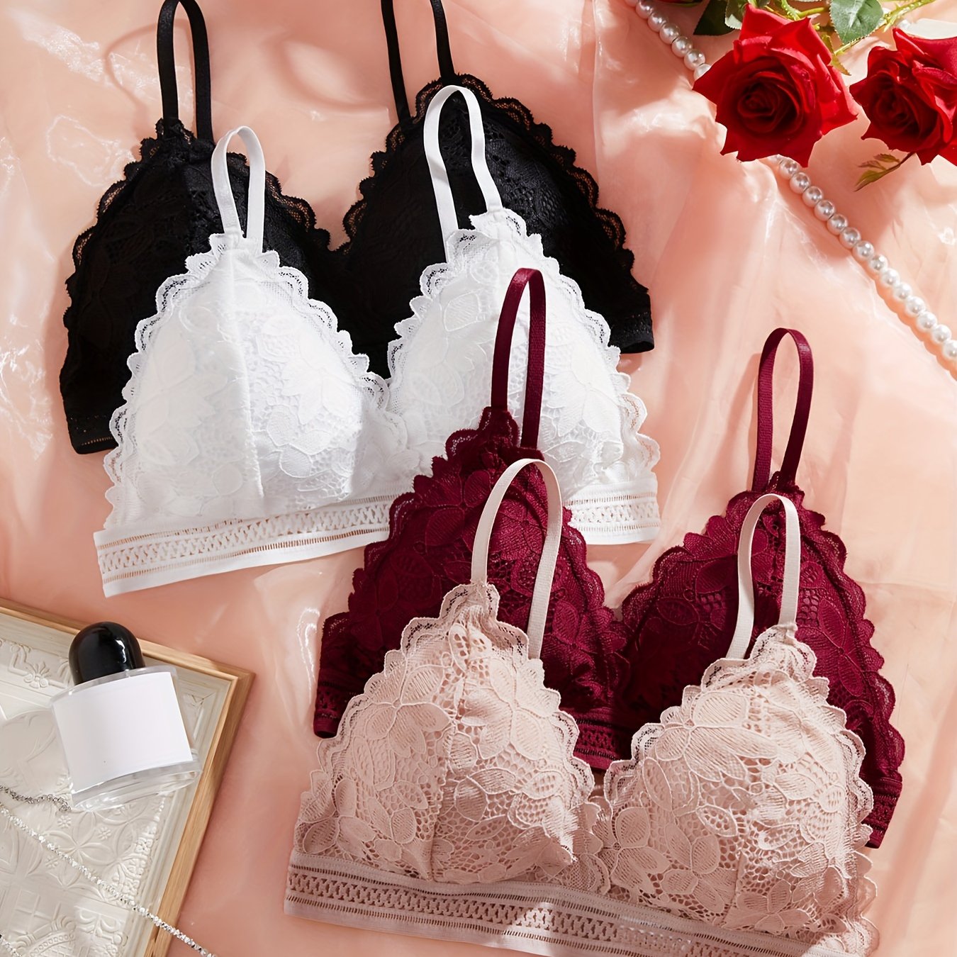 Sexy lace push-up bras without steel rings, with chest pads, beautiful backs, and comfortable fit, sold in a 4-pack.