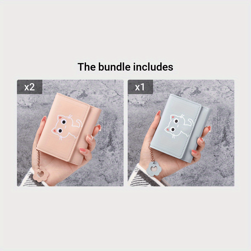 1 Cute Cat Cartoon Mini Wallet for Women made of pink faux leather, features a short tri-fold design with key ring and heart charm. Ideal for daily use and as a gift for cat lovers.