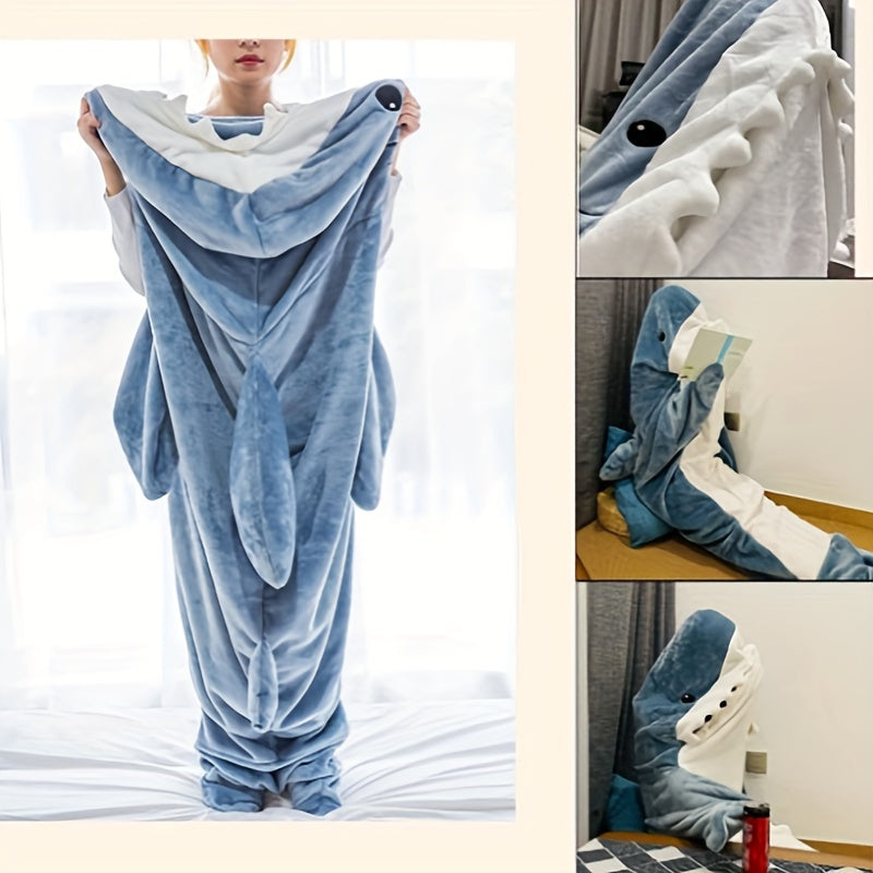 Thickened and warm 1pc Shark Loungewear Pajamas that transform into a multifunctional blanket, perfect for wearing at home or as a cozy sleeping bag with a fun cartoon shark design.