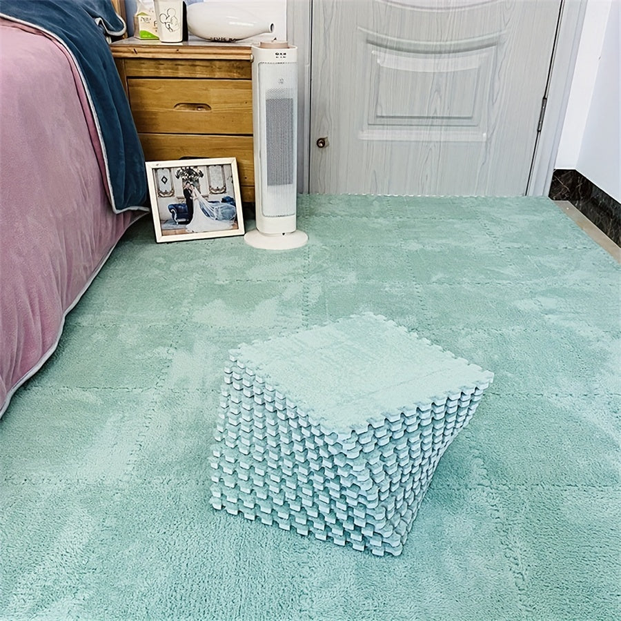 Bring style and comfort to your bedroom or living room with these plush interlocking carpet tiles. Made from a soft and washable blend of EVA and polyester, these tiles are perfect for adding warmth and coziness to your space. Each tile measures