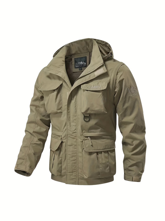 Eco-friendly men's windbreaker jacket with detachable hood and multiple pockets, perfect for outdoor activities.