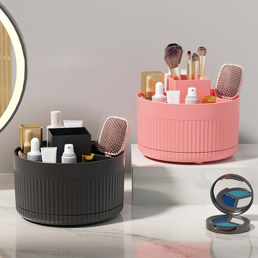 1pc Sleek Black Rotating Makeup Organizer with Large Capacity and 5 Compartments for Brushes, Skincare, and Beauty Essentials. Odorless Plastic Design ideal for Bedroom & Bathroom Decor.