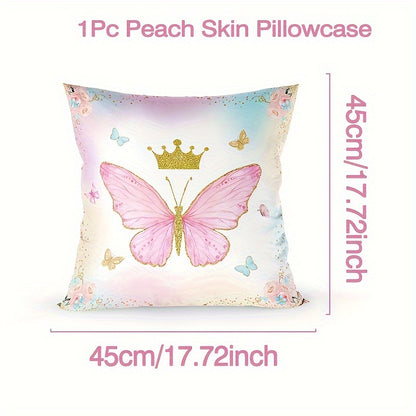 Chic pink and purple butterfly pillow cover made of soft peach skin polyester with zip closure, ideal for living room, bedroom, and party decor.