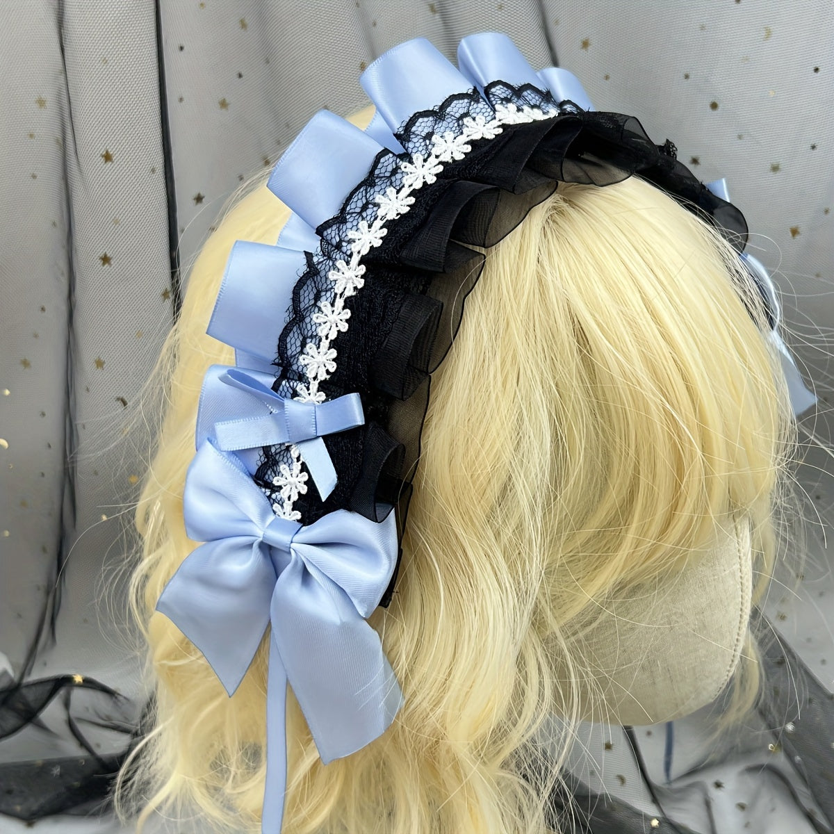 Ruffled Lace Ribbon Bow Headband with Hairpins in Contrasting Colors - Anime Maid Inspired Hair Accessory