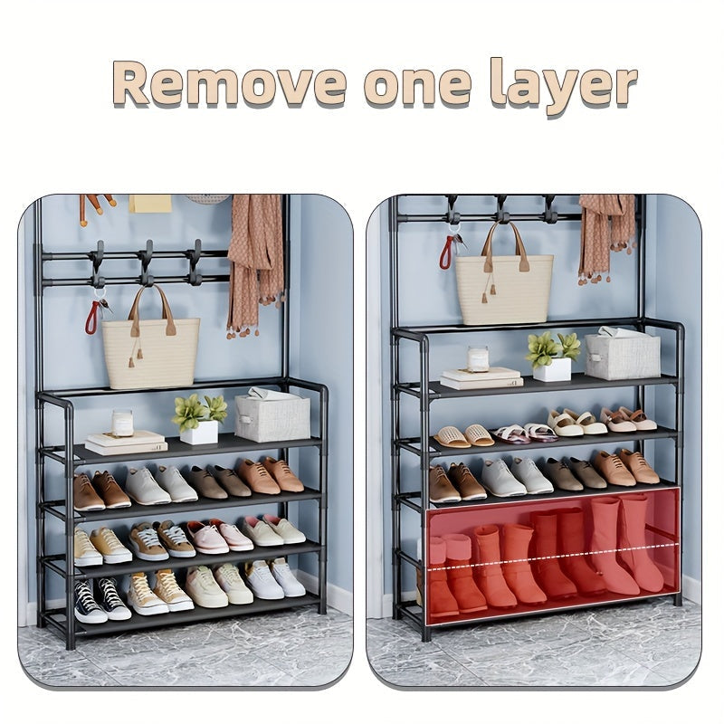 A versatile 1-piece Shoe Rack and Coat Rack that is easy to assemble and perfect for organizing your shoes, hats, and bags. Ideal for use in your home, dormitory, living room, entrance hall, or bathroom. Features 5 layers and measures 60cm in length