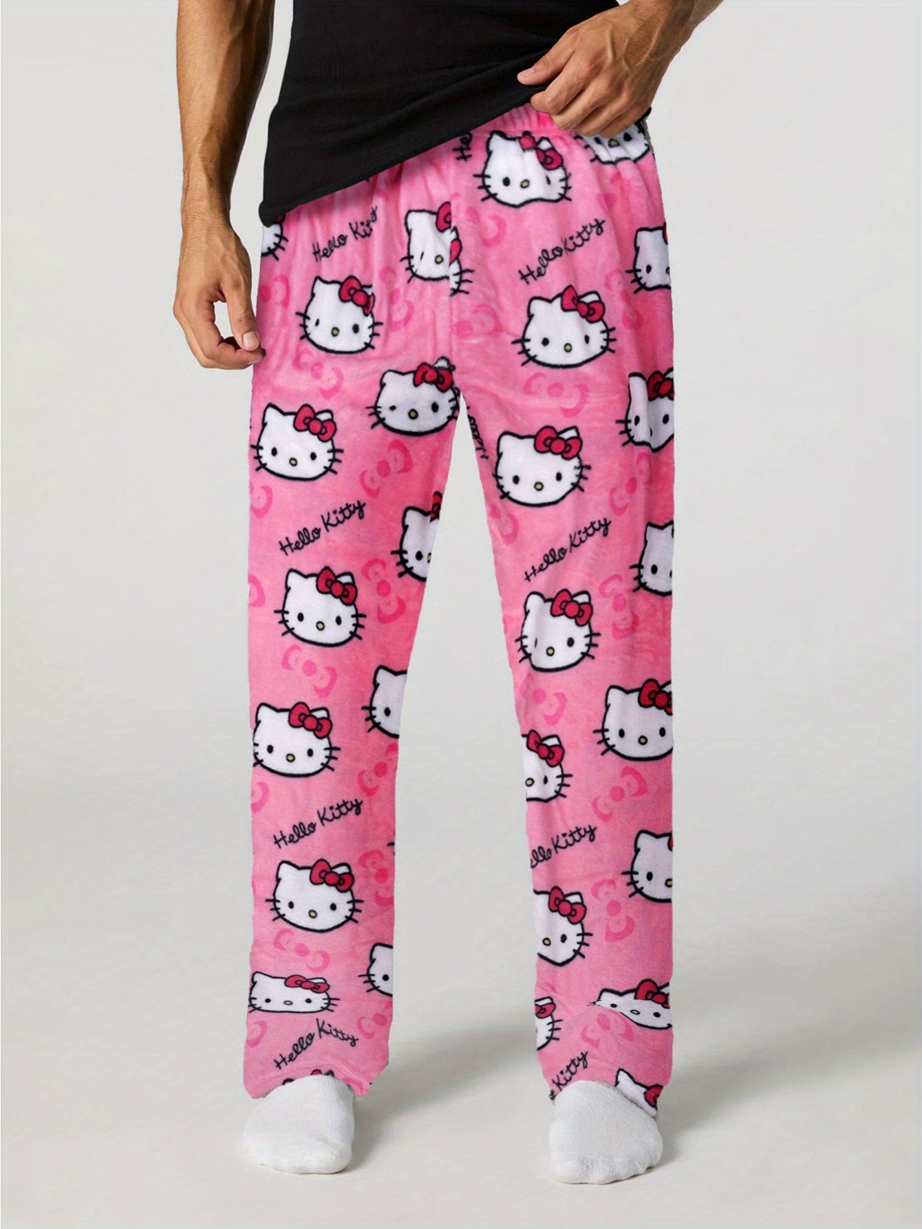 New men's flannel pajama pants for autumn and winter, featuring a cute KT print. Keep warm and stylish while at home.