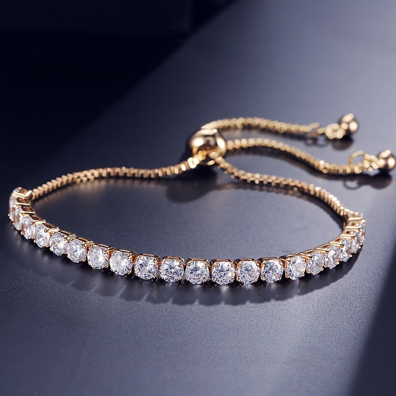 Stylish vintage-inspired cubic zirconia tennis bracelet with adjustable copper chain and sparkling rhinestones, ideal for parties or casual wear, great Valentine's Day gift.