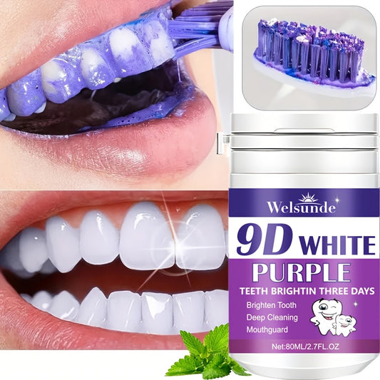 Welsunde 9D White Purple Tooth Powder: Deep cleans, brightens teeth, and freshens breath. Ideal for daily use and travel. 80g.