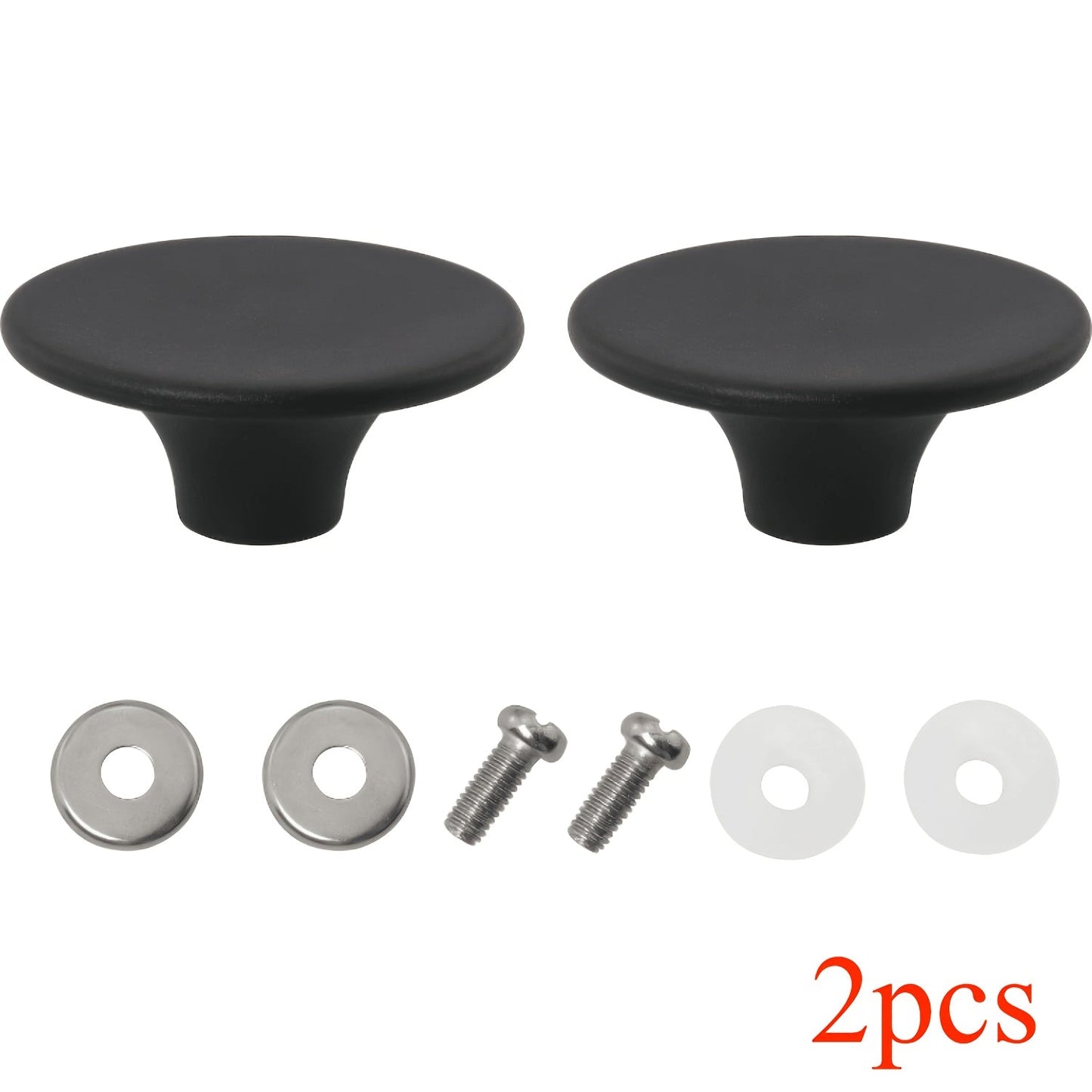 Two black polycarbonate oven knobs, perfect for replacing bakelite pot lids. These knobs are compatible with enameled ovens and do not require electricity.