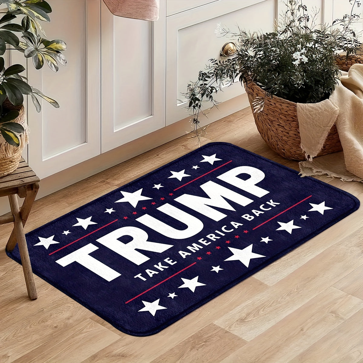 Trump Take America Back Doormat available in two sizes: 74.93cm x 44.96cm and 119.89cm x 44.96cm. Features: Machine washable, non-slip, and durable for long-lasting use.