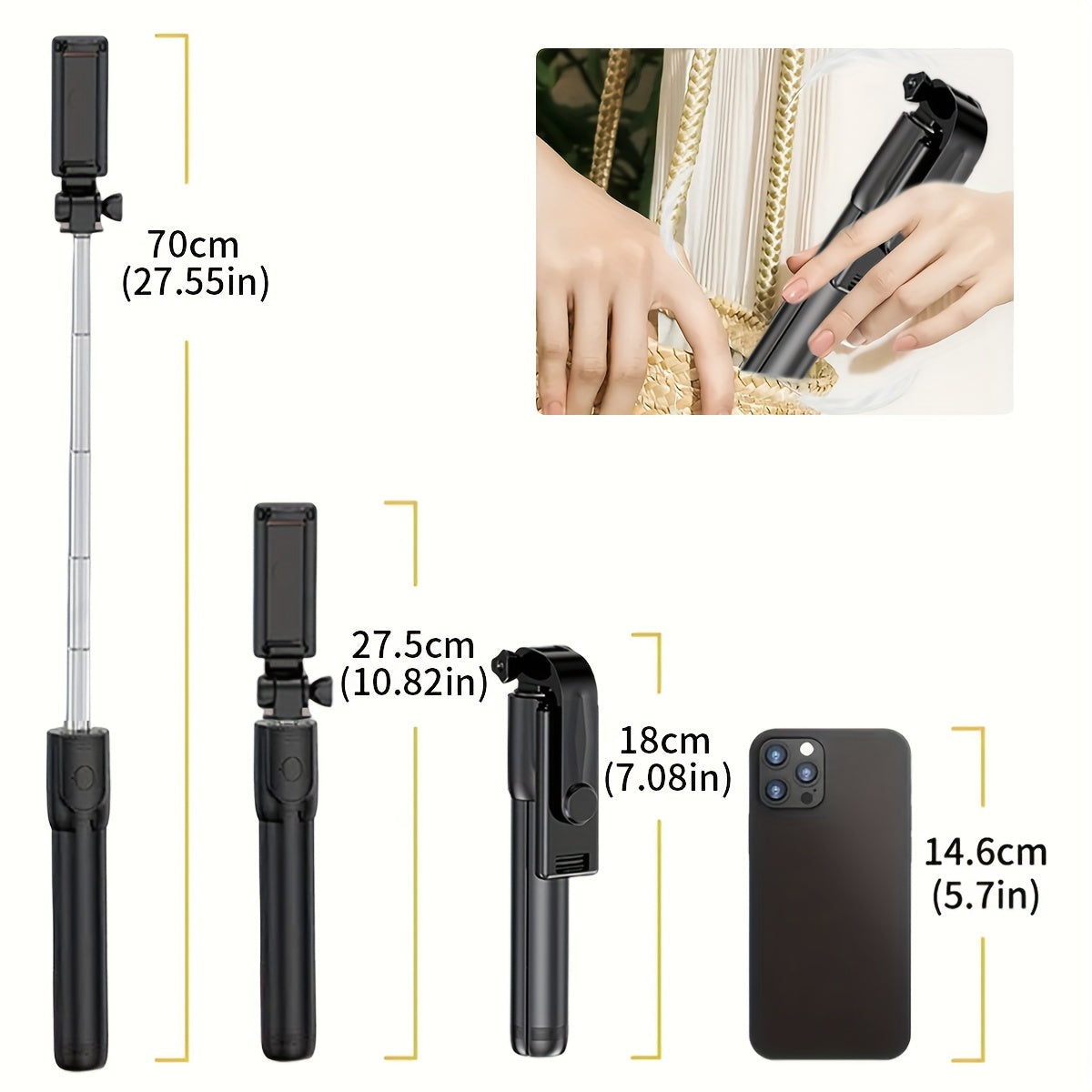 Multi-purpose wireless selfie stick with tripod, remote control, phone holder, and live streaming capabilities, perfect for travel and taking photos.