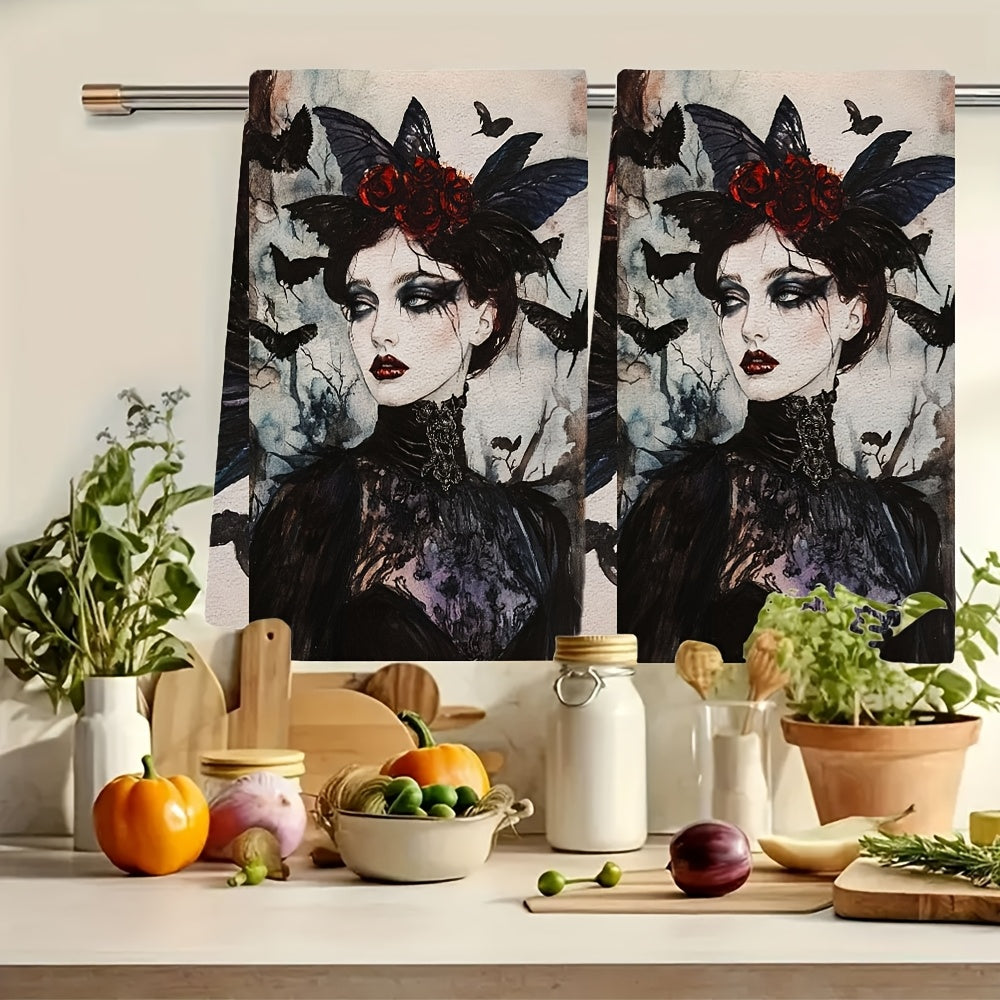 Two pieces of Whimsigoth Art Kitchen Towels - These ultra soft and highly absorbent polyester dish hand towels measure 40.64x60.96 cm. Featuring a gothic elegance design with red roses and black lace, they are machine washable and perfect for holiday