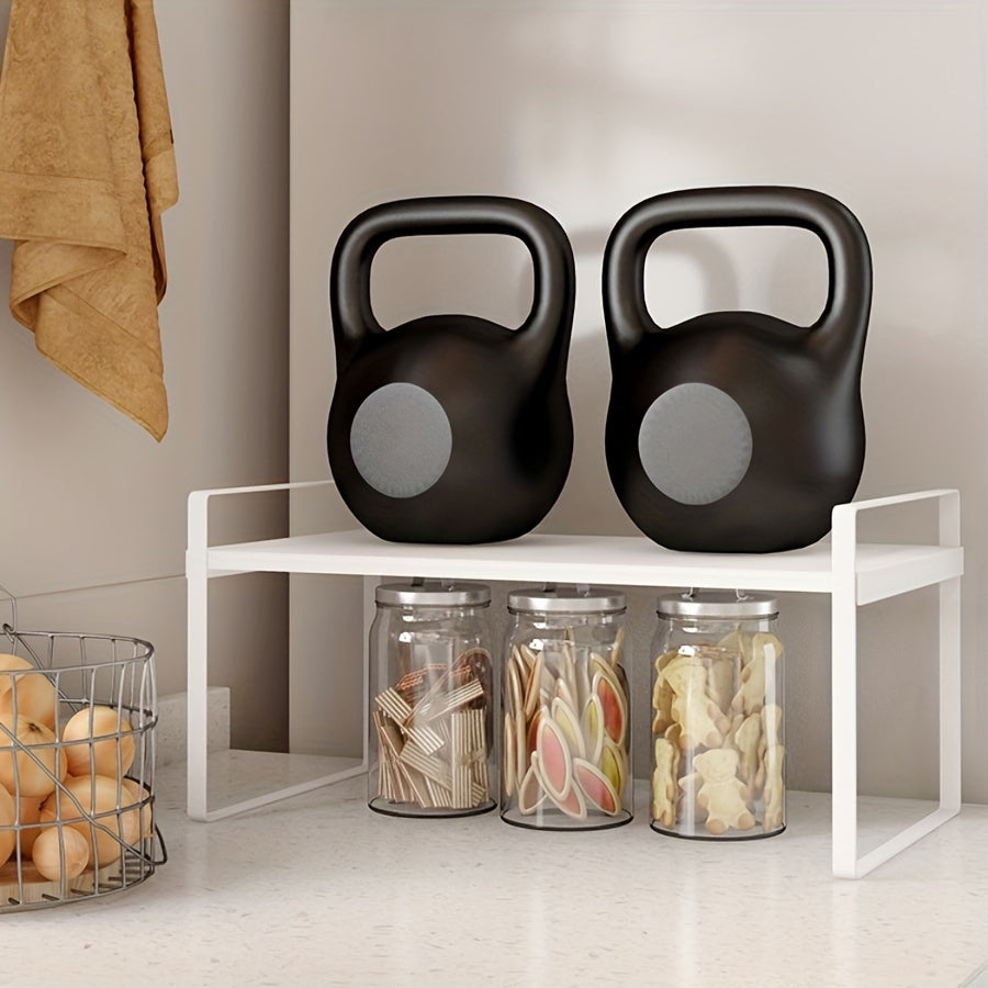 Multifunctional Double-Layer Kitchen Cabinet Rack made of Carbon Steel and ABS Material, Ideal for Seasoning, Soup Pots, Bowls, Countertop Storage.