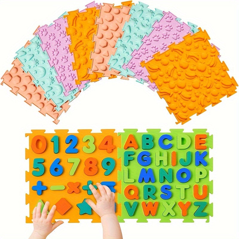 Set of 10 Sensory Mats: Educational Silicone Number & Alphabet Puzzle, Orthopedic Massage Mat for Children's Sensory Exploration