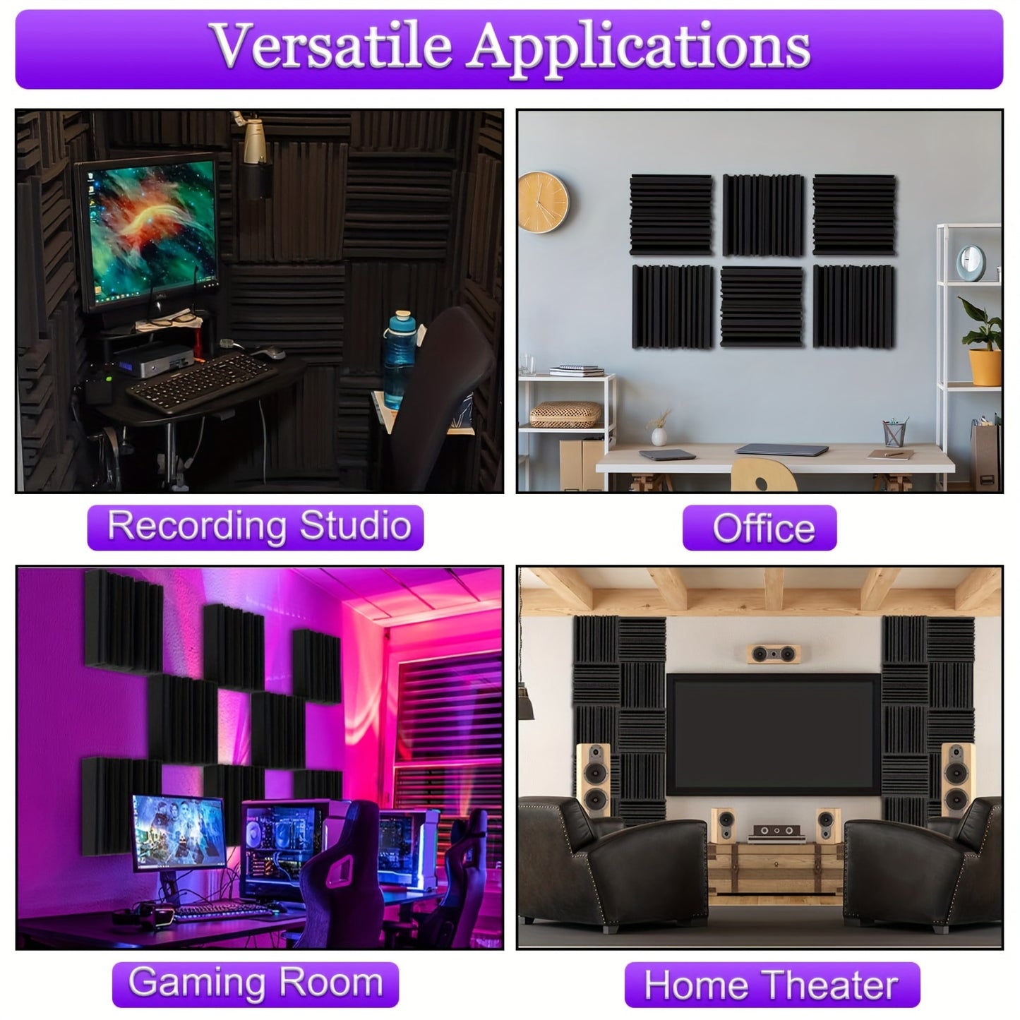 36pcs Black sound absorbing foam boards with flame retardant properties, suitable for use in various spaces such as offices, recording studios, music rooms, game rooms, home theaters