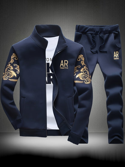 Men's casual 2-piece outfit with fashion printed full zip jacket and drawstring pants for a breathable, comfy sports set.